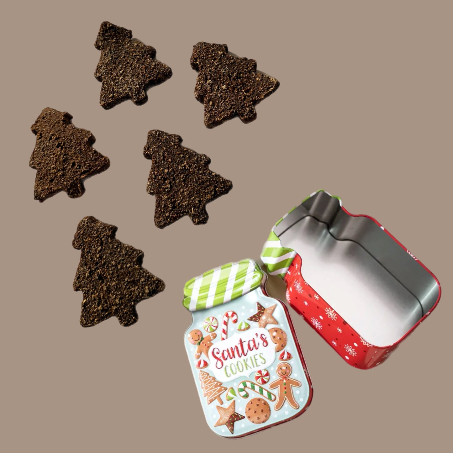 ‘Santa’s Cookies’ Tin Filled With Meaty Christmas Tree Treats